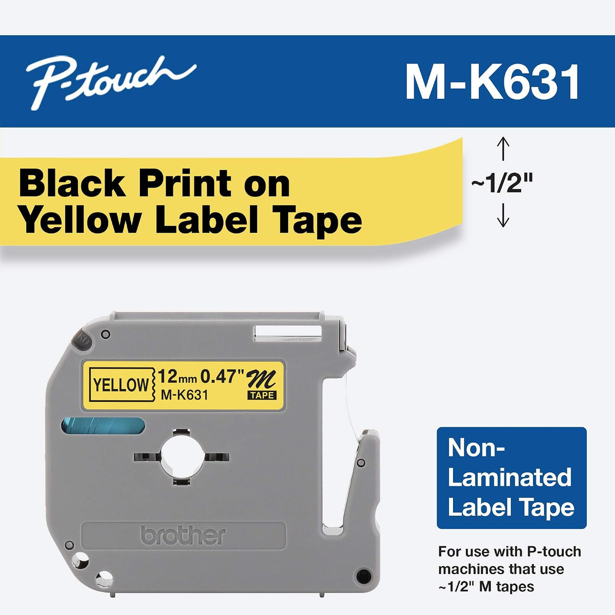 Genuine P-Touch M-2312PK Tape, 2 Pack, 1/2" (0.47") Wide Standard Non-Laminated Tape, Black on White, Recommended for Home and Indoor Use, 0.47" x 26.2' (12mm x 8M), 2-Pack, M2312PK, M231
