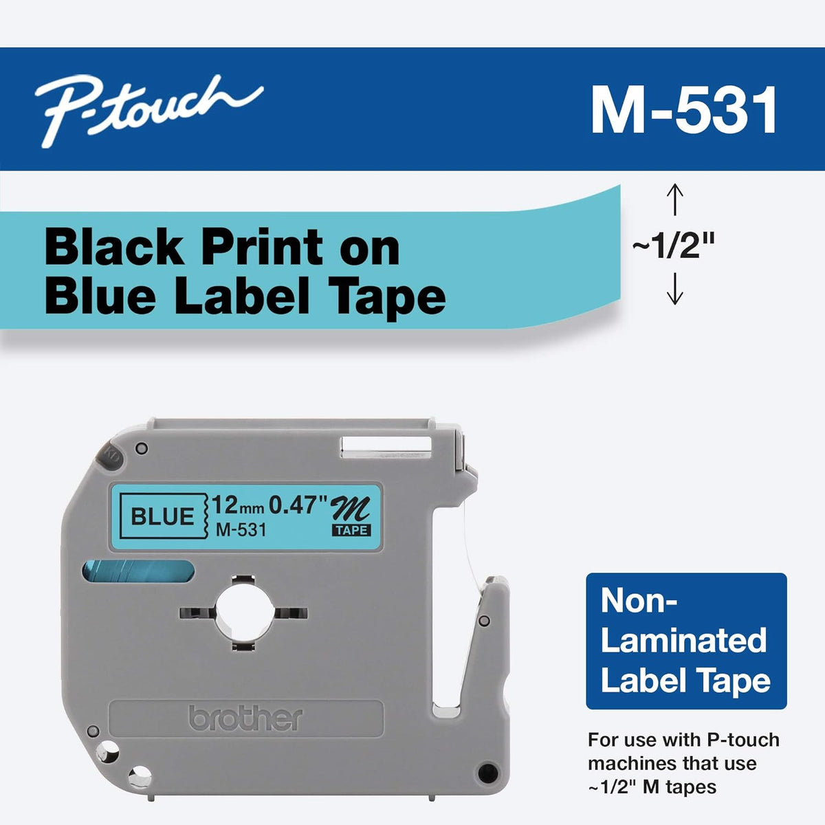 Genuine P-Touch M-2312PK Tape, 2 Pack, 1/2" (0.47") Wide Standard Non-Laminated Tape, Black on White, Recommended for Home and Indoor Use, 0.47" x 26.2' (12mm x 8M), 2-Pack, M2312PK, M231