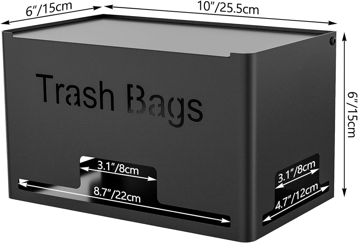 Large Trash Bag Holder Dispenser, Metal Garbage Bag Dispenser Roll Holder, Kitchen Trash Storage Organizer for Under Sink, Wall Mounted or Freestanding, Black