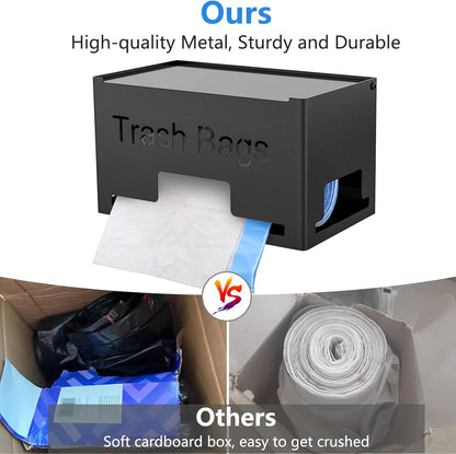 Large Trash Bag Holder Dispenser, Metal Garbage Bag Dispenser Roll Holder, Kitchen Trash Storage Organizer for Under Sink, Wall Mounted or Freestanding, Black