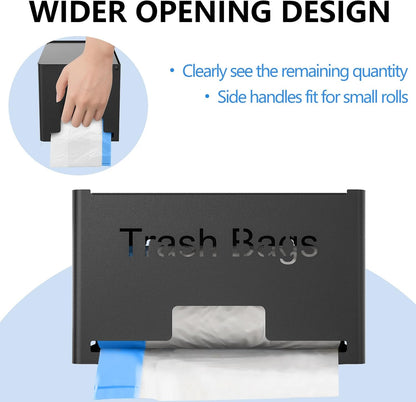 Large Trash Bag Holder Dispenser, Metal Garbage Bag Dispenser Roll Holder, Kitchen Trash Storage Organizer for Under Sink, Wall Mounted or Freestanding, Black