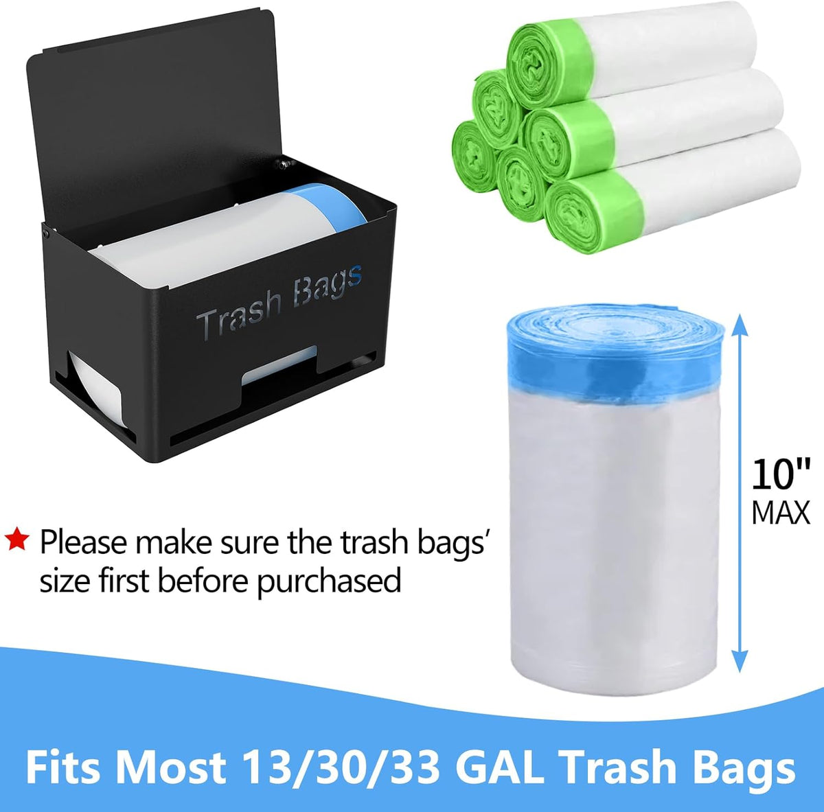 Large Trash Bag Holder Dispenser, Metal Garbage Bag Dispenser Roll Holder, Kitchen Trash Storage Organizer for Under Sink, Wall Mounted or Freestanding, Black