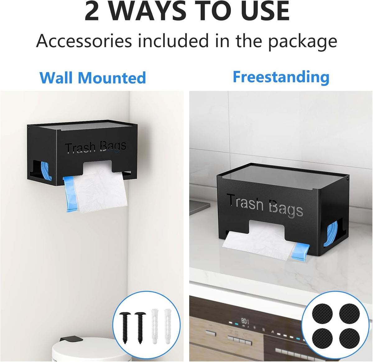 Large Trash Bag Holder Dispenser, Metal Garbage Bag Dispenser Roll Holder, Kitchen Trash Storage Organizer for Under Sink, Wall Mounted or Freestanding, Black