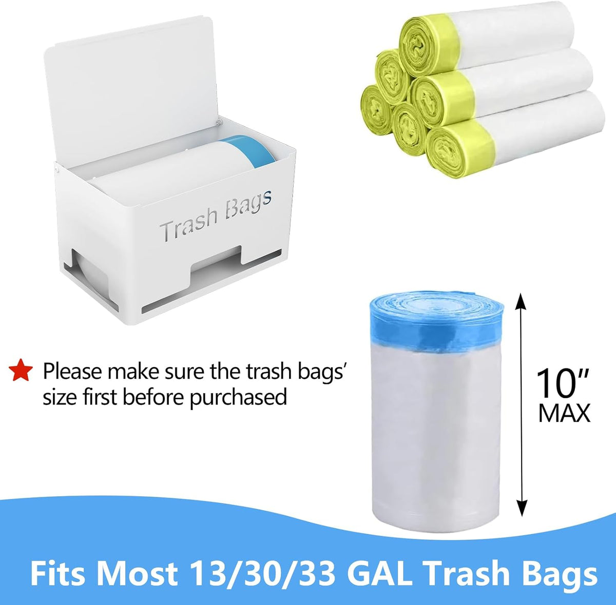 Large Trash Bag Holder Dispenser, Metal Garbage Bag Dispenser Roll Holder, Kitchen Trash Storage Organizer for Under Sink, Wall Mounted or Freestanding, Black