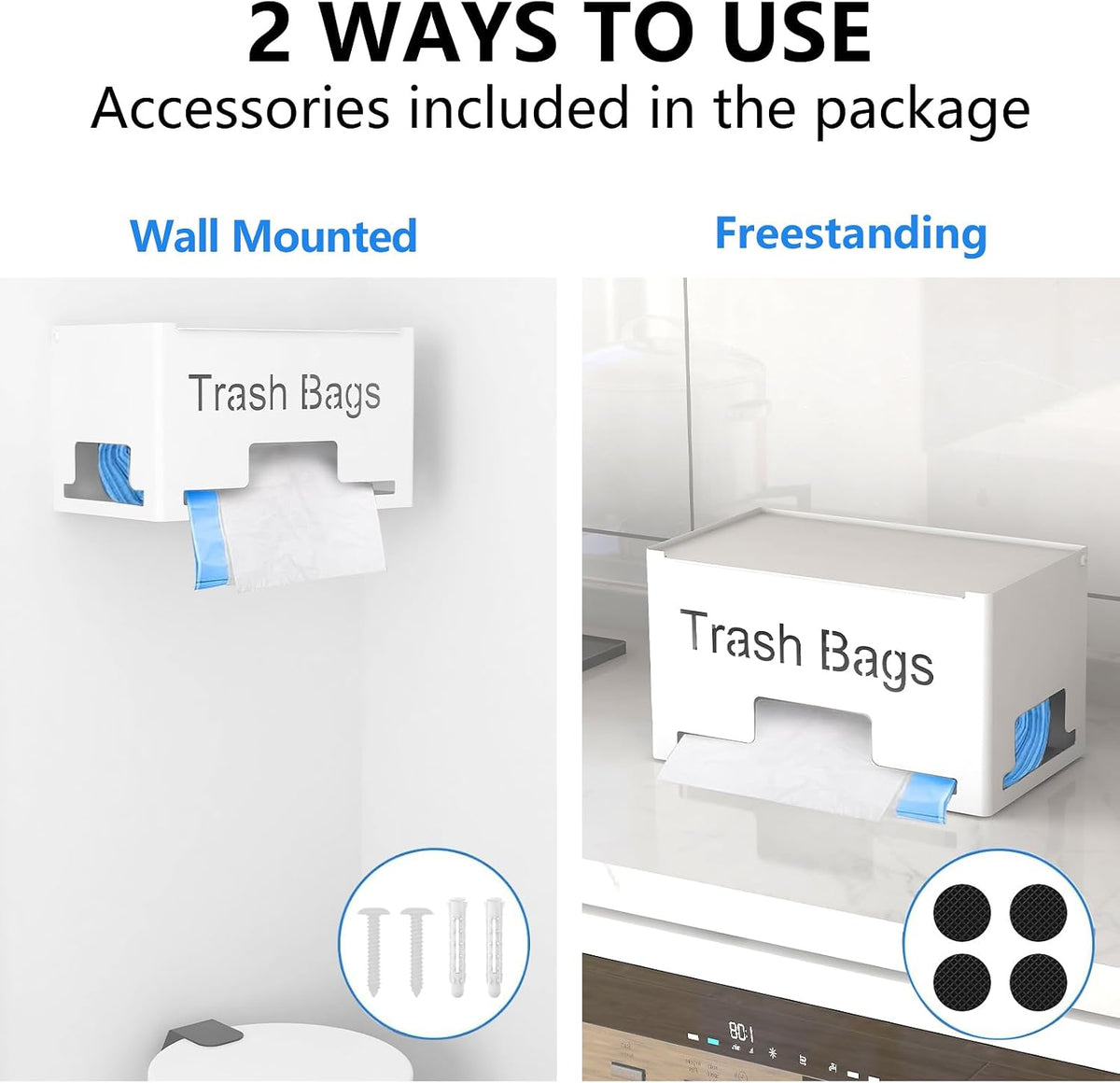 Large Trash Bag Holder Dispenser, Metal Garbage Bag Dispenser Roll Holder, Kitchen Trash Storage Organizer for Under Sink, Wall Mounted or Freestanding, Black