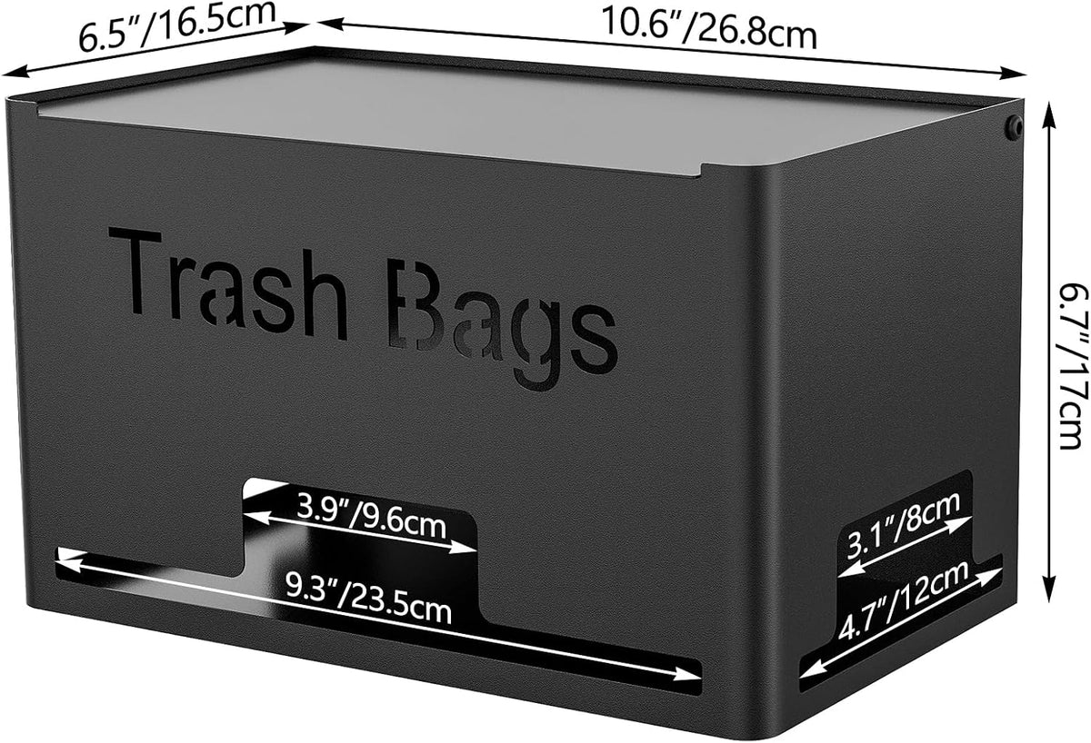 Large Trash Bag Holder Dispenser, Metal Garbage Bag Dispenser Roll Holder, Kitchen Trash Storage Organizer for Under Sink, Wall Mounted or Freestanding, Black