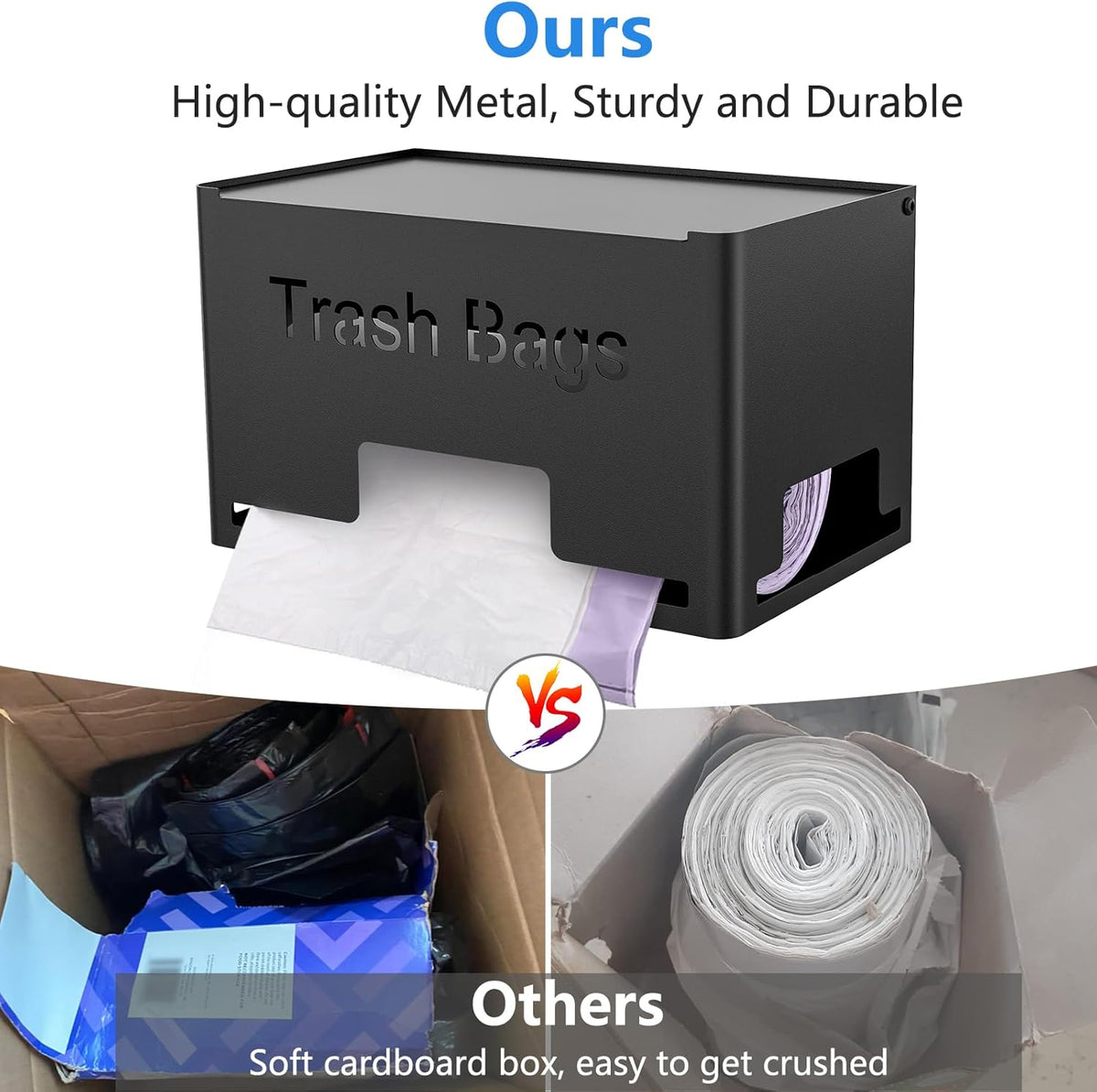 Large Trash Bag Holder Dispenser, Metal Garbage Bag Dispenser Roll Holder, Kitchen Trash Storage Organizer for Under Sink, Wall Mounted or Freestanding, Black