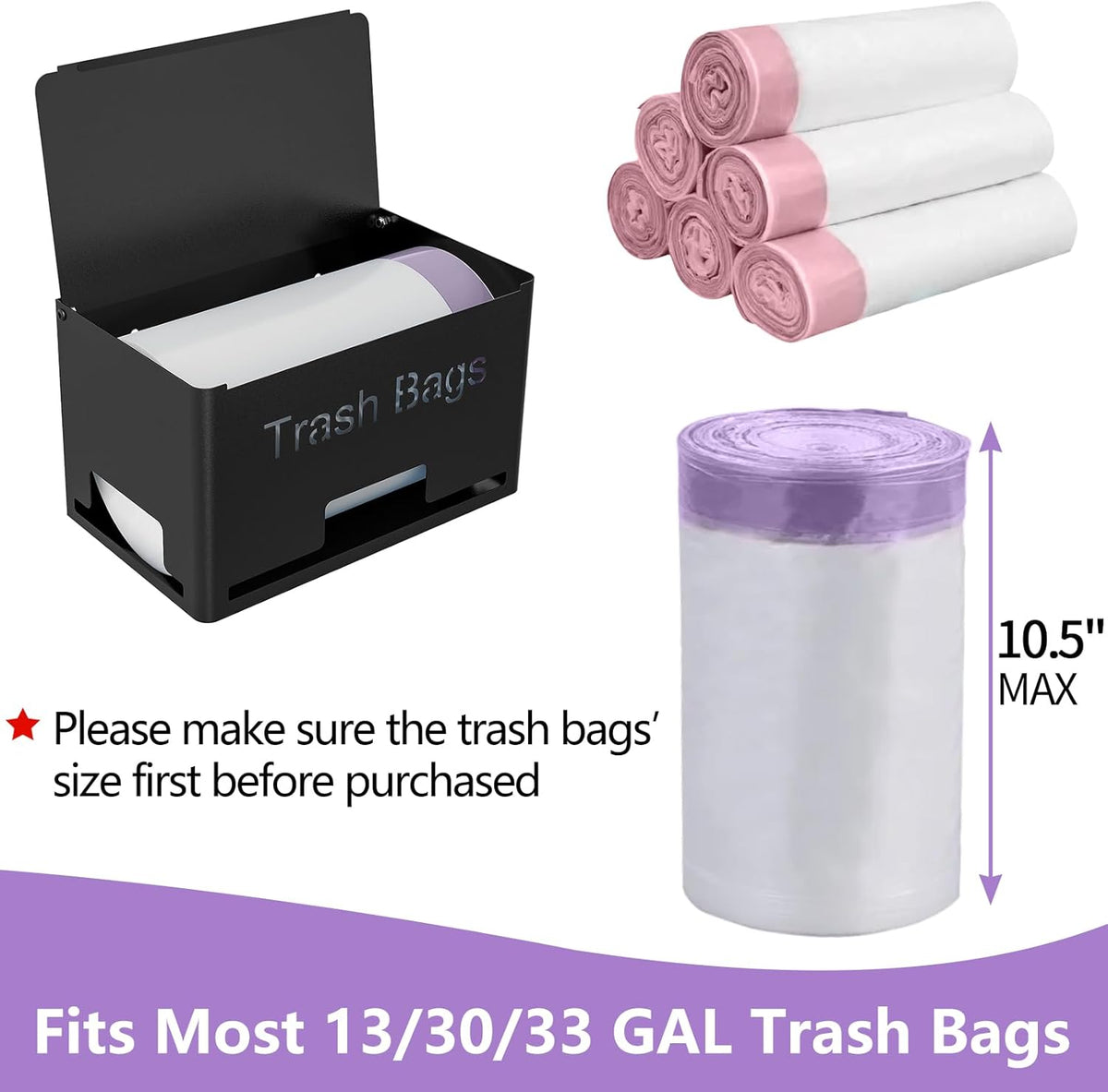Large Trash Bag Holder Dispenser, Metal Garbage Bag Dispenser Roll Holder, Kitchen Trash Storage Organizer for Under Sink, Wall Mounted or Freestanding, Black
