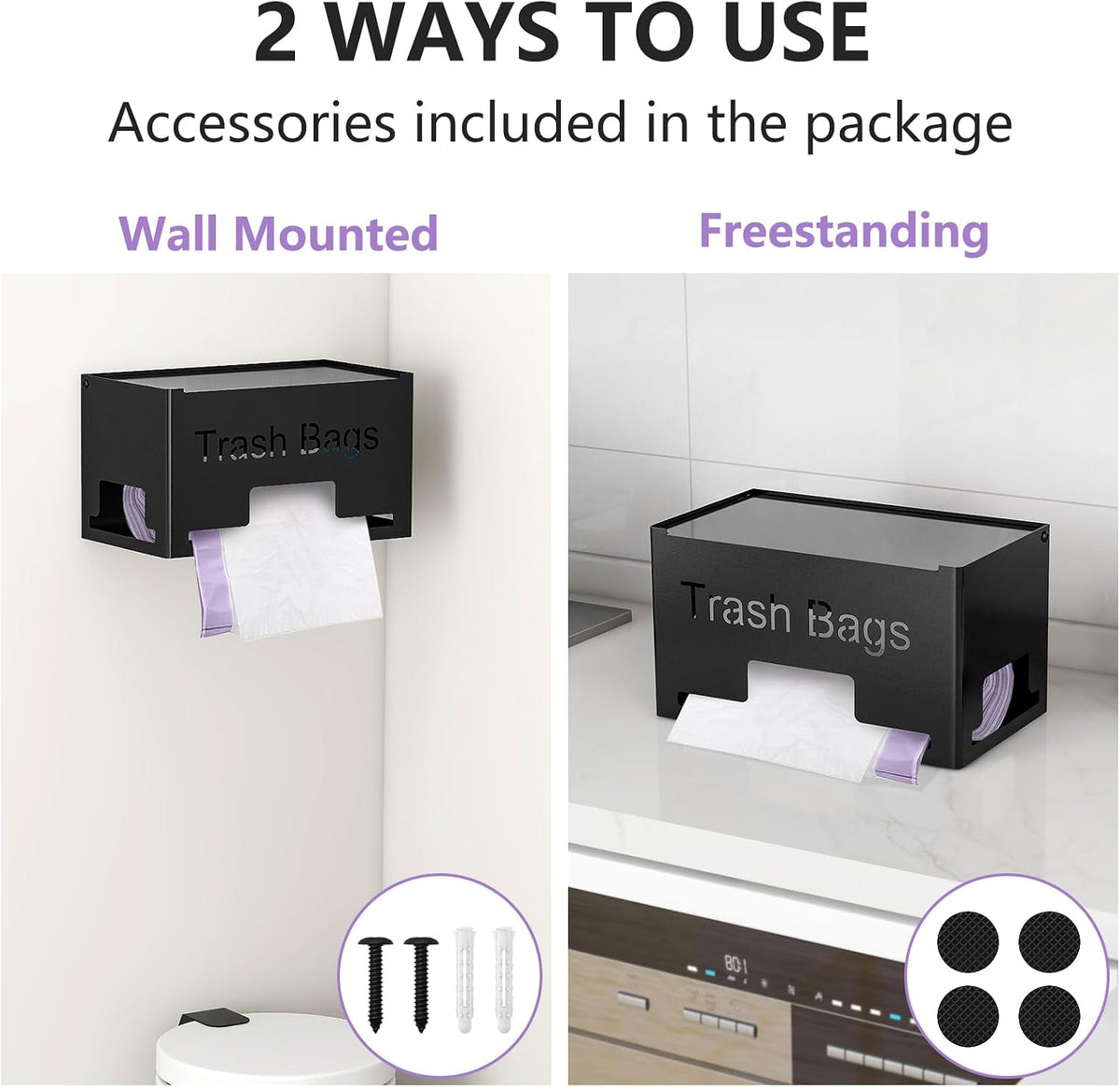 Large Trash Bag Holder Dispenser, Metal Garbage Bag Dispenser Roll Holder, Kitchen Trash Storage Organizer for Under Sink, Wall Mounted or Freestanding, Black