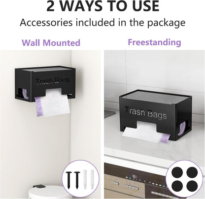 Large Trash Bag Holder Dispenser, Metal Garbage Bag Dispenser Roll Holder, Kitchen Trash Storage Organizer for Under Sink, Wall Mounted or Freestanding, Black