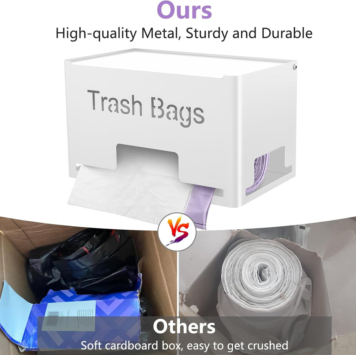 Large Trash Bag Holder Dispenser, Metal Garbage Bag Dispenser Roll Holder, Kitchen Trash Storage Organizer for Under Sink, Wall Mounted or Freestanding, Black