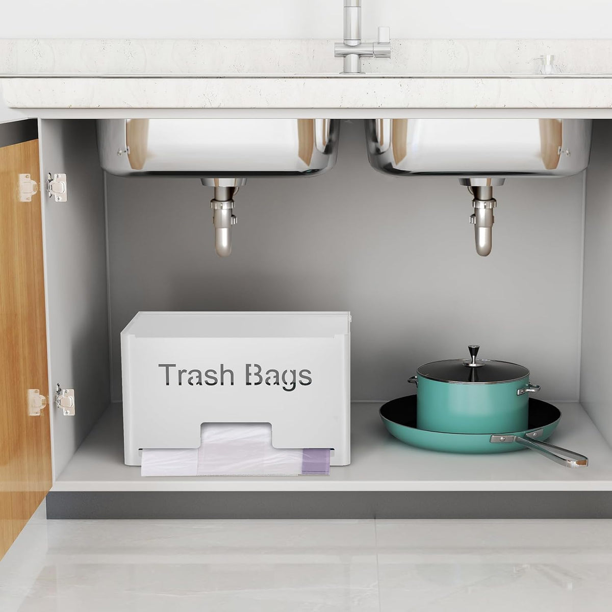 Large Trash Bag Holder Dispenser, Metal Garbage Bag Dispenser Roll Holder, Kitchen Trash Storage Organizer for Under Sink, Wall Mounted or Freestanding, Black