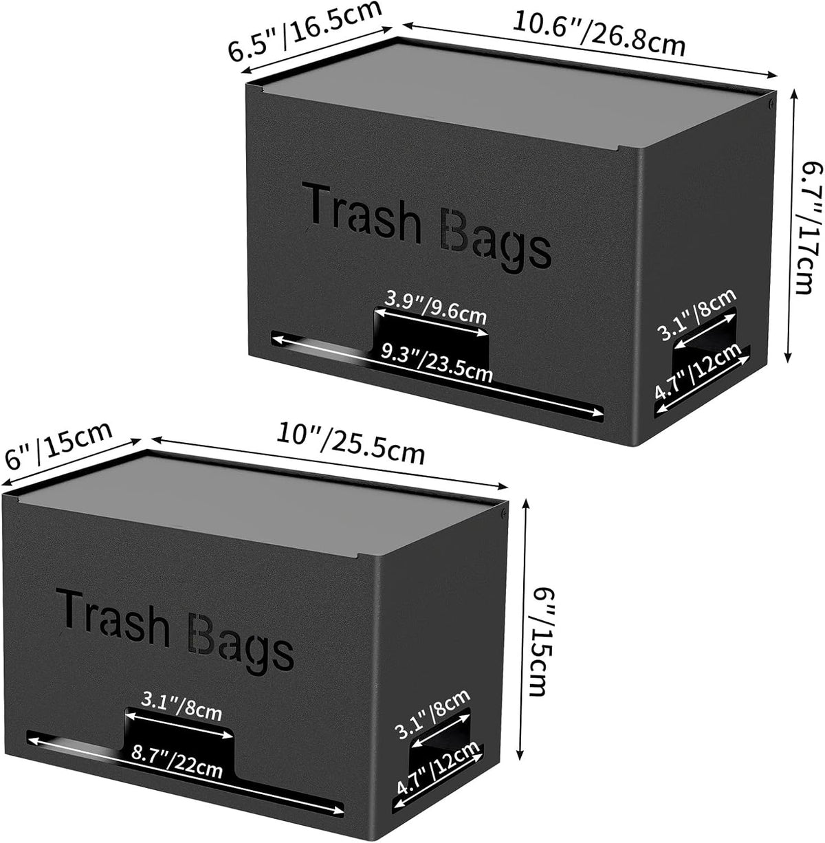 Large Trash Bag Holder Dispenser, Metal Garbage Bag Dispenser Roll Holder, Kitchen Trash Storage Organizer for Under Sink, Wall Mounted or Freestanding, Black