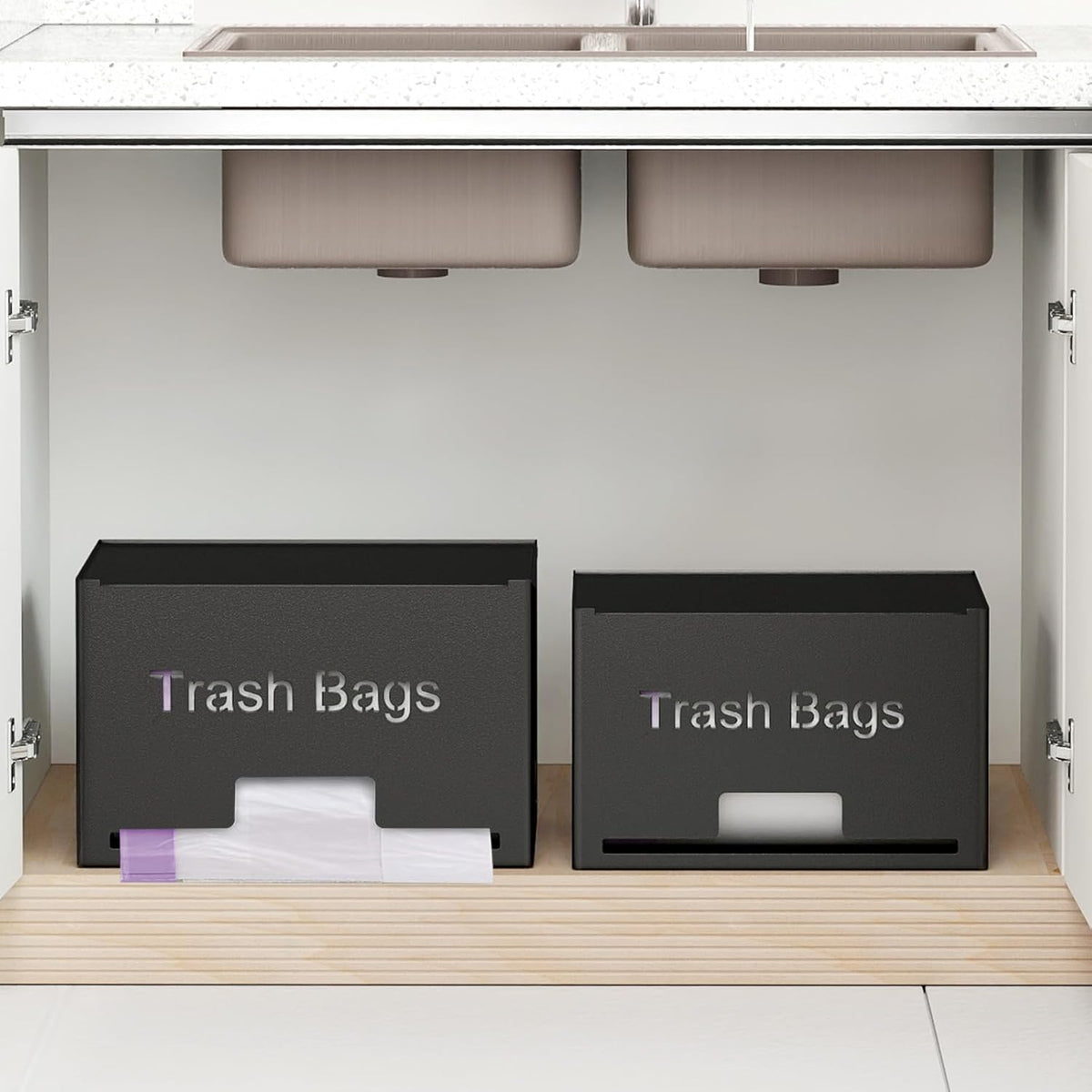 Large Trash Bag Holder Dispenser, Metal Garbage Bag Dispenser Roll Holder, Kitchen Trash Storage Organizer for Under Sink, Wall Mounted or Freestanding, Black