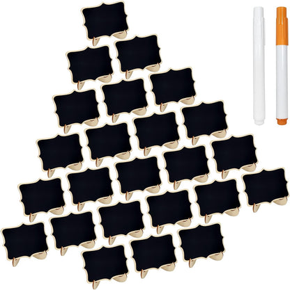 24 Pcs Wooden Mini Chalkboards Signs for Food Signs, Wedding Signs, Message Signs, Event Decorations, and Include Wave-Shaped Board, Wooden Stand, 2 Markers.