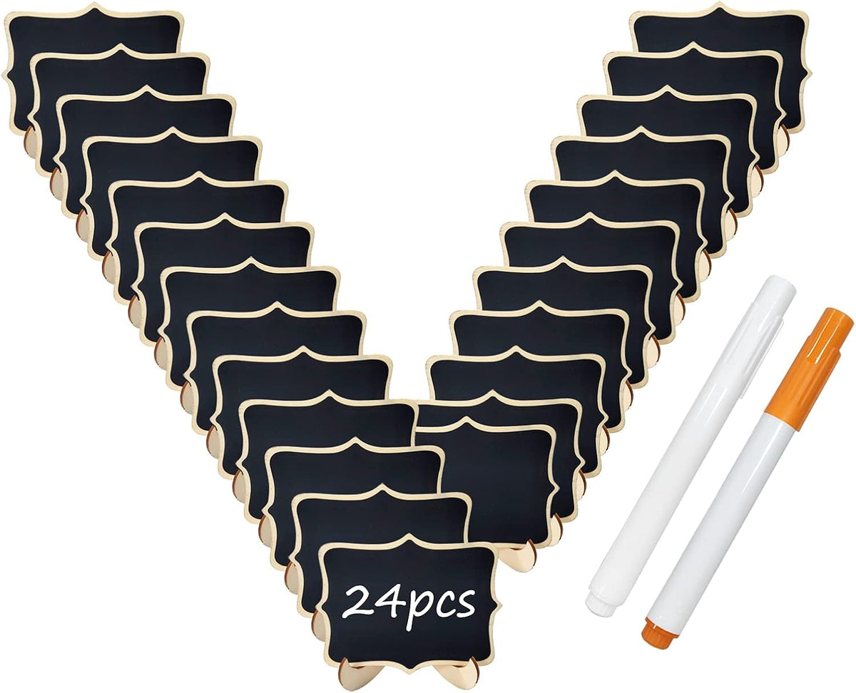 24 Pcs Wooden Mini Chalkboards Signs for Food Signs, Wedding Signs, Message Signs, Event Decorations, and Include Wave-Shaped Board, Wooden Stand, 2 Markers.