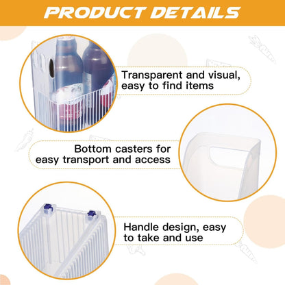 4pcs Plastic Freezer Organizer Bin with Wheel, 10 x 12.5 x 6.7 Inch
