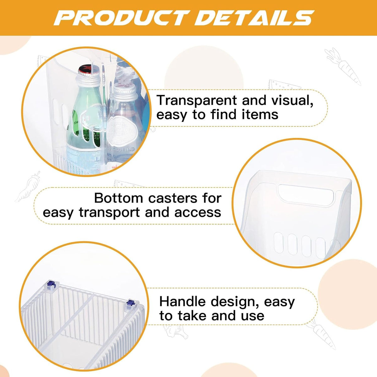 4pcs Plastic Freezer Organizer Bin with Wheel, 10 x 12.5 x 6.7 Inch