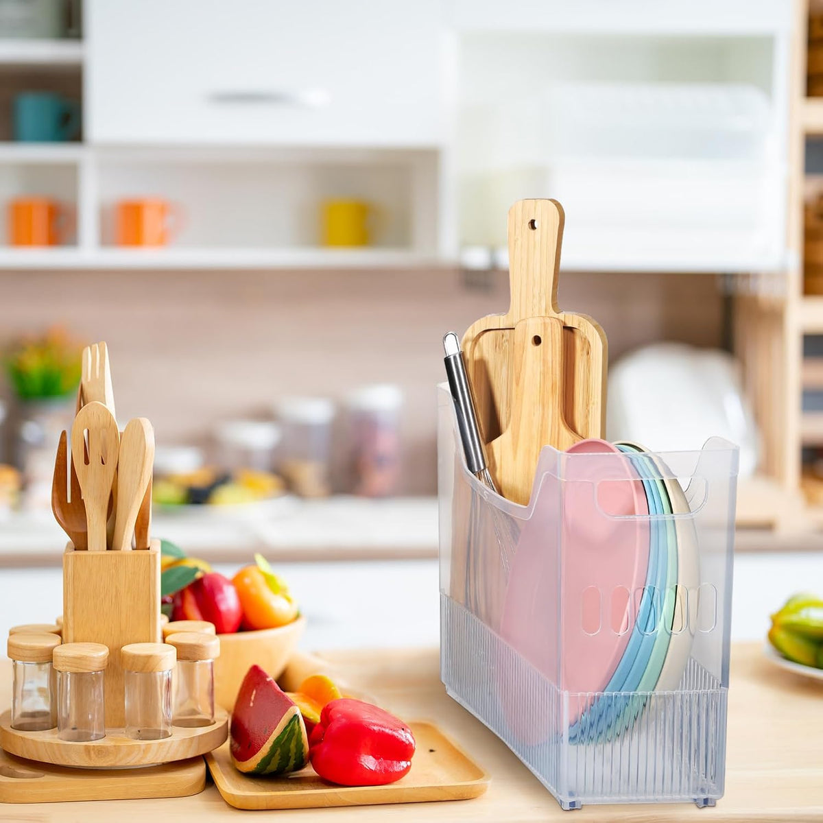 4pcs Plastic Freezer Organizer Bin with Wheel, 10 x 12.5 x 6.7 Inch