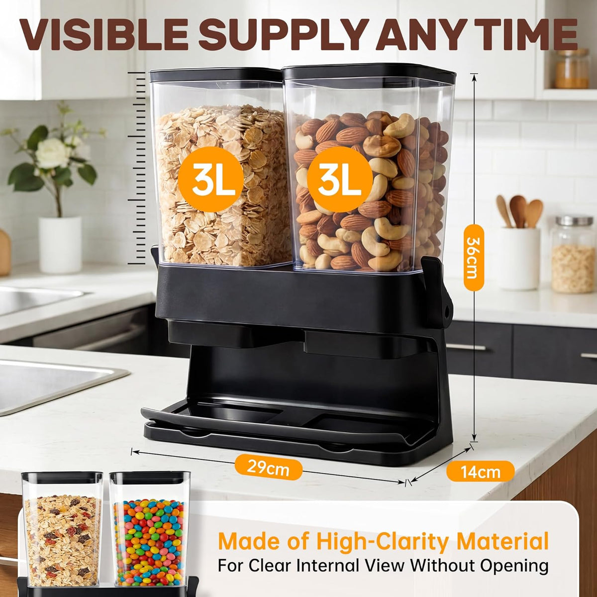 Cereal Dispenser Countertop 2 Pack 3L, 6L Large Dual Control | Airtight Cereal Containers Storage for Kitchen Pantry, Dry Food Dispenser for Cereal, Rice, Grains, Candy, Coffee Beans
