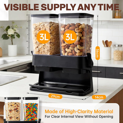 Cereal Dispenser Countertop 2 Pack 3L, 6L Large Dual Control | Airtight Cereal Containers Storage for Kitchen Pantry, Dry Food Dispenser for Cereal, Rice, Grains, Candy, Coffee Beans