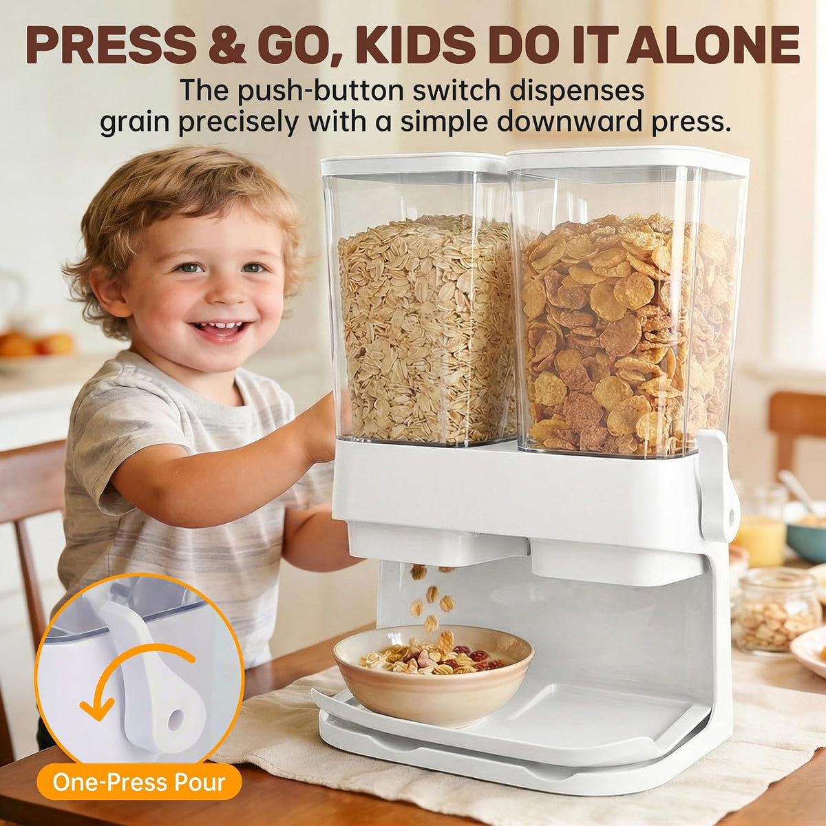 Cereal Dispenser Countertop 2 Pack 3L, 6L Large Dual Control | Airtight Cereal Containers Storage for Kitchen Pantry, Dry Food Dispenser for Cereal, Rice, Grains, Candy, Coffee Beans