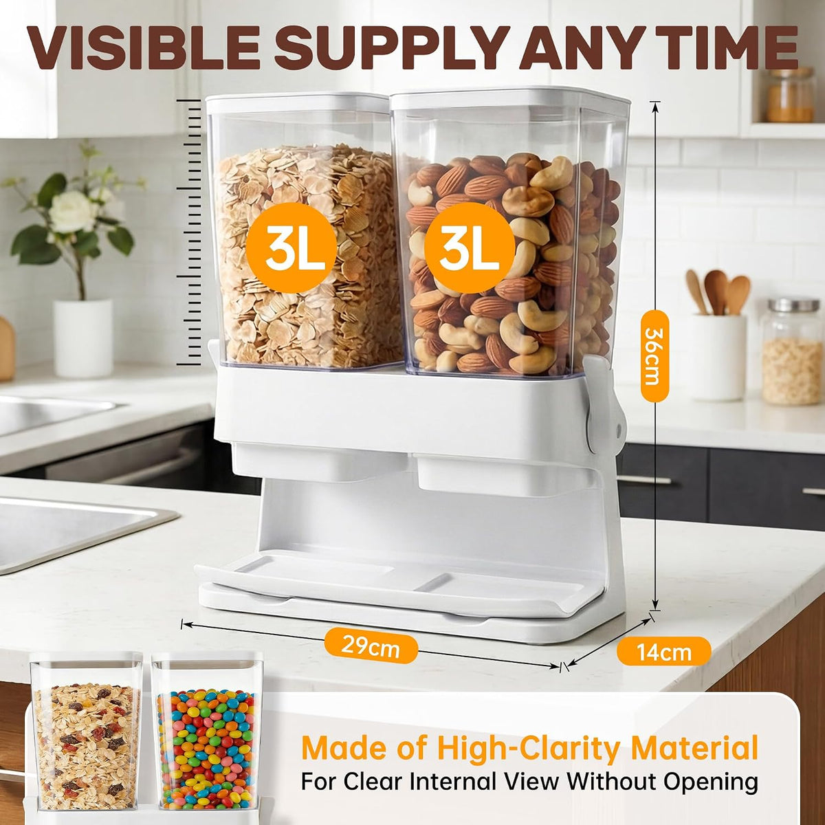 Cereal Dispenser Countertop 2 Pack 3L, 6L Large Dual Control | Airtight Cereal Containers Storage for Kitchen Pantry, Dry Food Dispenser for Cereal, Rice, Grains, Candy, Coffee Beans