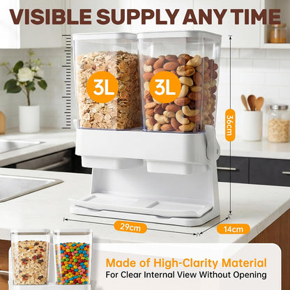 Cereal Dispenser Countertop 2 Pack 3L, 6L Large Dual Control | Airtight Cereal Containers Storage for Kitchen Pantry, Dry Food Dispenser for Cereal, Rice, Grains, Candy, Coffee Beans