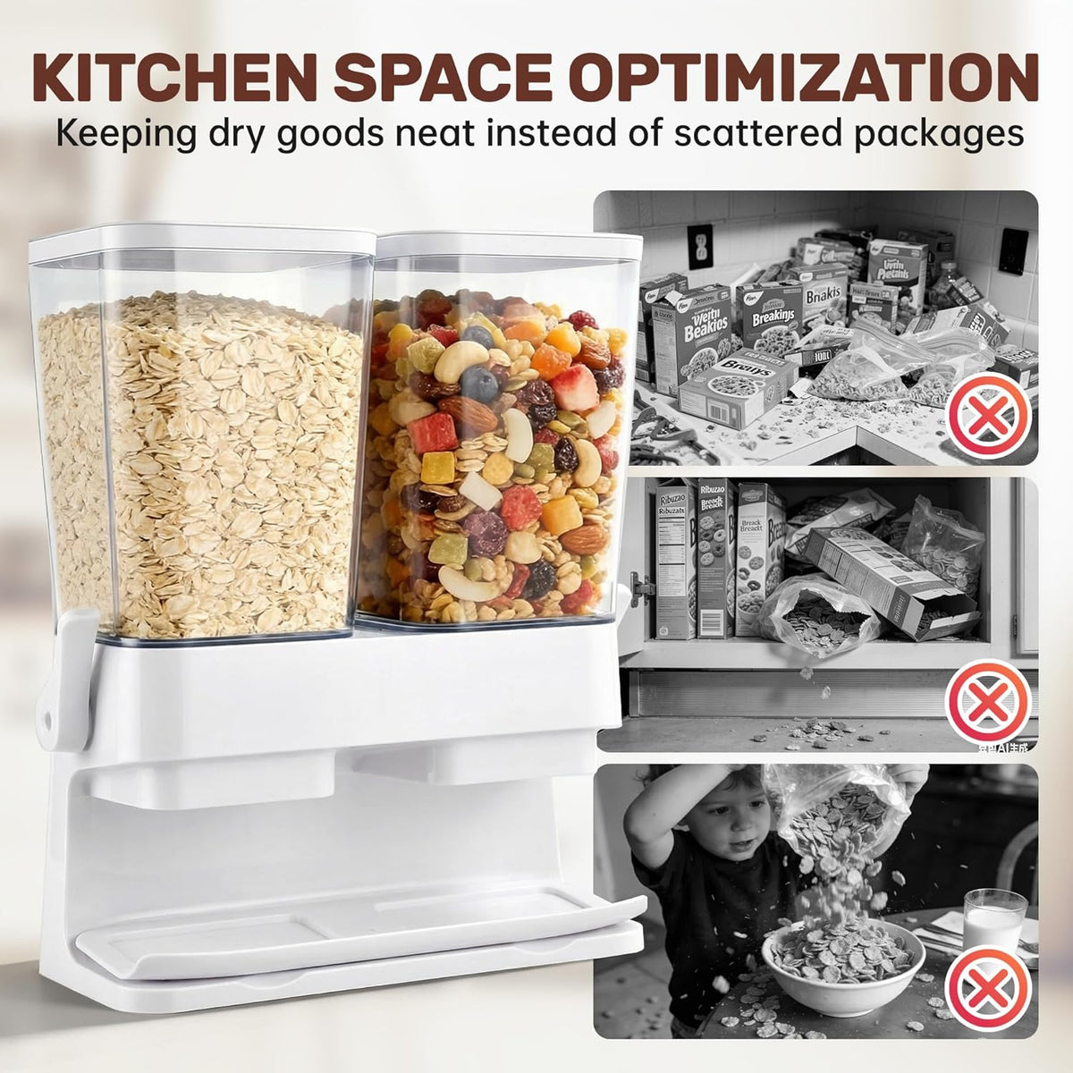 Cereal Dispenser Countertop 2 Pack 3L, 6L Large Dual Control | Airtight Cereal Containers Storage for Kitchen Pantry, Dry Food Dispenser for Cereal, Rice, Grains, Candy, Coffee Beans