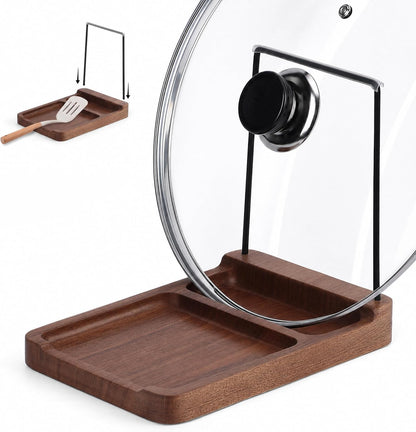 Acacia Wood Spoon Rest with Lid Holder Pot Lid Holder Spoon Rest Holder Detachable Pan Lid Organizer Stand with Non Slip Pads Pot Lid Storage Rack Cooking Utensil Rest for Stove Top Kitchen Counter