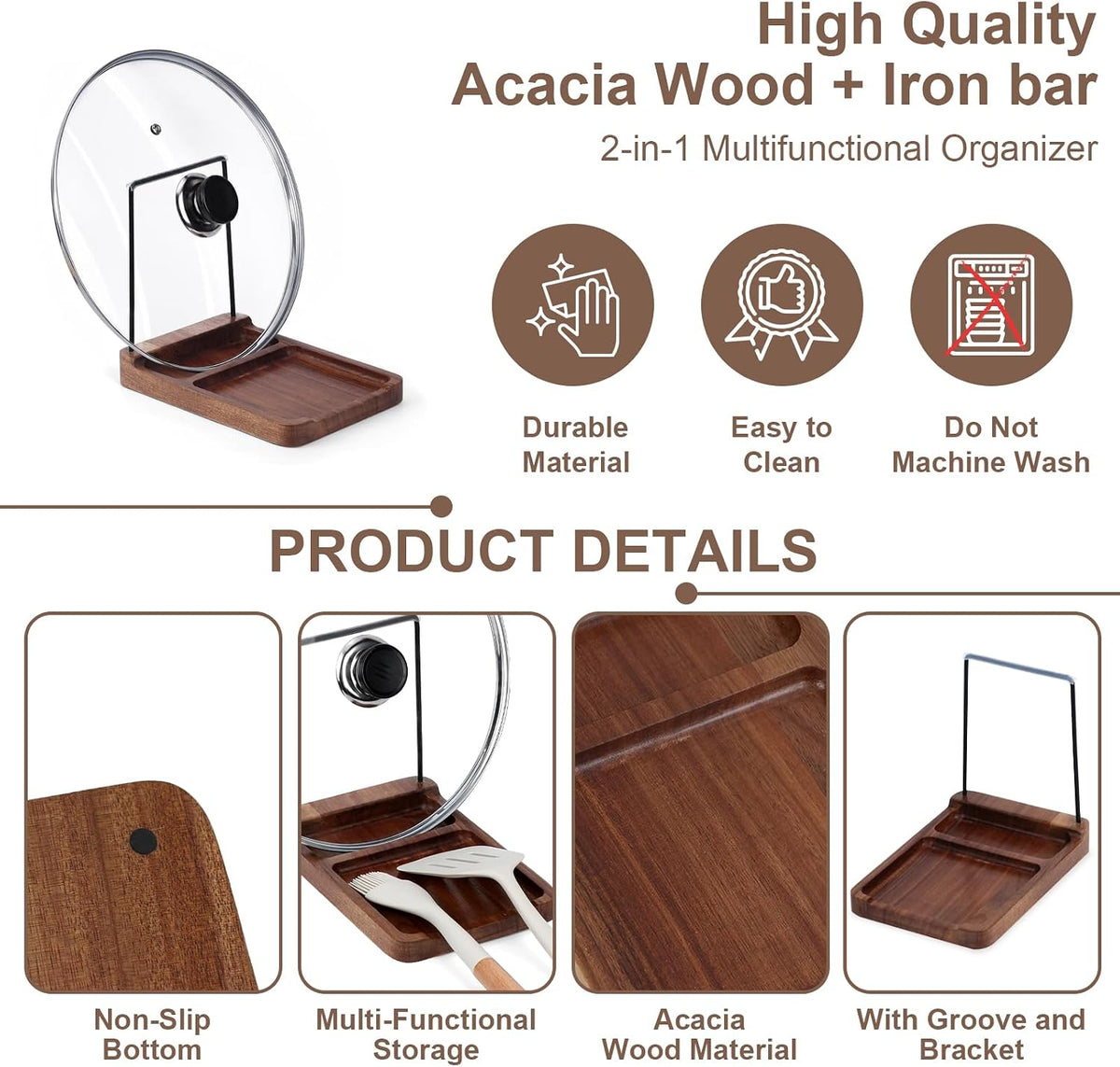 Acacia Wood Spoon Rest with Lid Holder Pot Lid Holder Spoon Rest Holder Detachable Pan Lid Organizer Stand with Non Slip Pads Pot Lid Storage Rack Cooking Utensil Rest for Stove Top Kitchen Counter