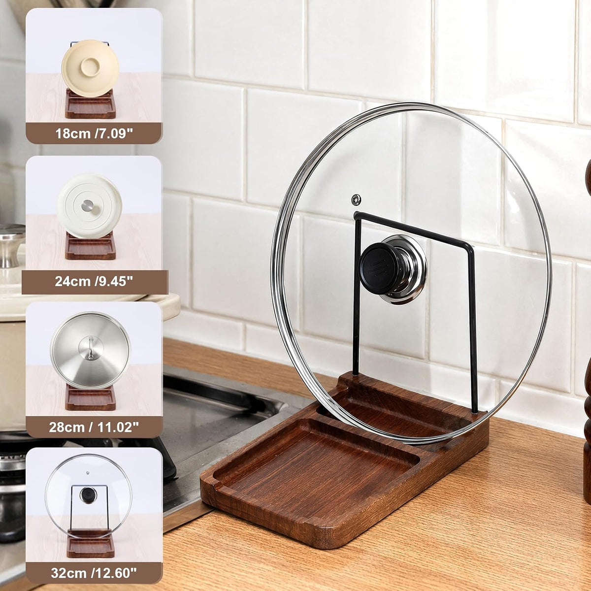 Acacia Wood Spoon Rest with Lid Holder Pot Lid Holder Spoon Rest Holder Detachable Pan Lid Organizer Stand with Non Slip Pads Pot Lid Storage Rack Cooking Utensil Rest for Stove Top Kitchen Counter