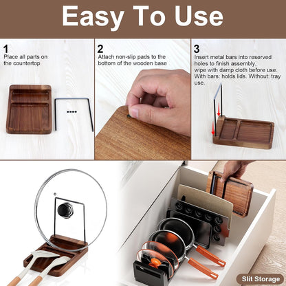 Acacia Wood Spoon Rest with Lid Holder Pot Lid Holder Spoon Rest Holder Detachable Pan Lid Organizer Stand with Non Slip Pads Pot Lid Storage Rack Cooking Utensil Rest for Stove Top Kitchen Counter
