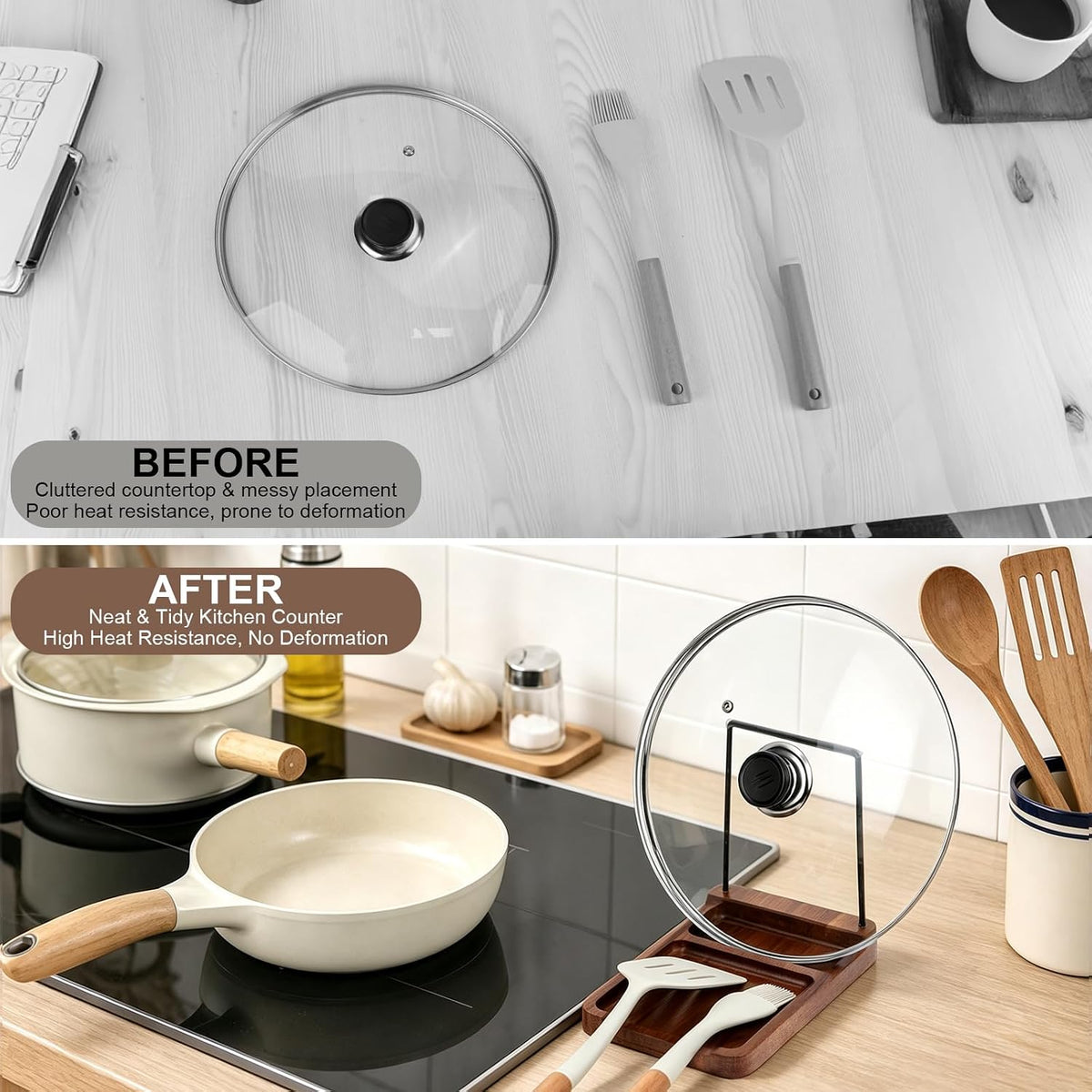 Acacia Wood Spoon Rest with Lid Holder Pot Lid Holder Spoon Rest Holder Detachable Pan Lid Organizer Stand with Non Slip Pads Pot Lid Storage Rack Cooking Utensil Rest for Stove Top Kitchen Counter