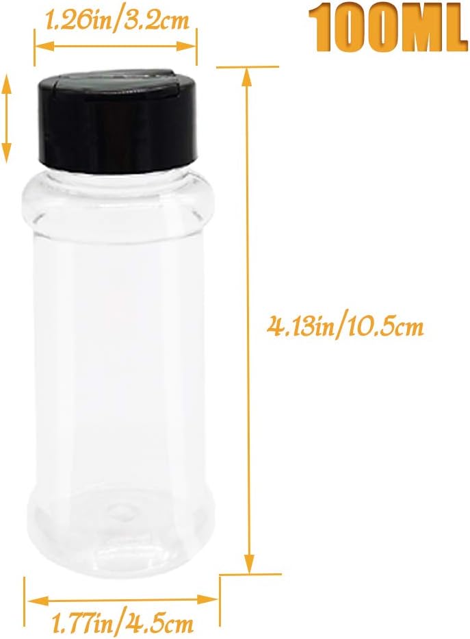 16 Pack 3.4oz/100ml Plastic Spice Bottles Set,Empty Seasoning Containers with Black Cap,Clear Reusable Containers Jars for Spice,Herbs,Powders,Glitters