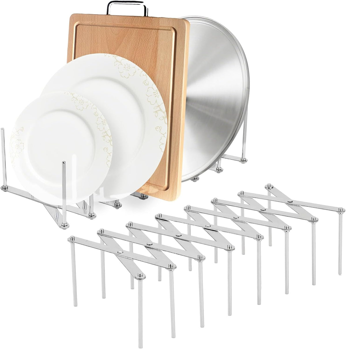 Pots and Pans Organizer, Adjustable Kitchen Cabinet Pantry Organization Storage Rack, Expandable Stainless Steel Holder for Pot Lid Cutting Board Bakeware Dishes Cookware （10-tier）