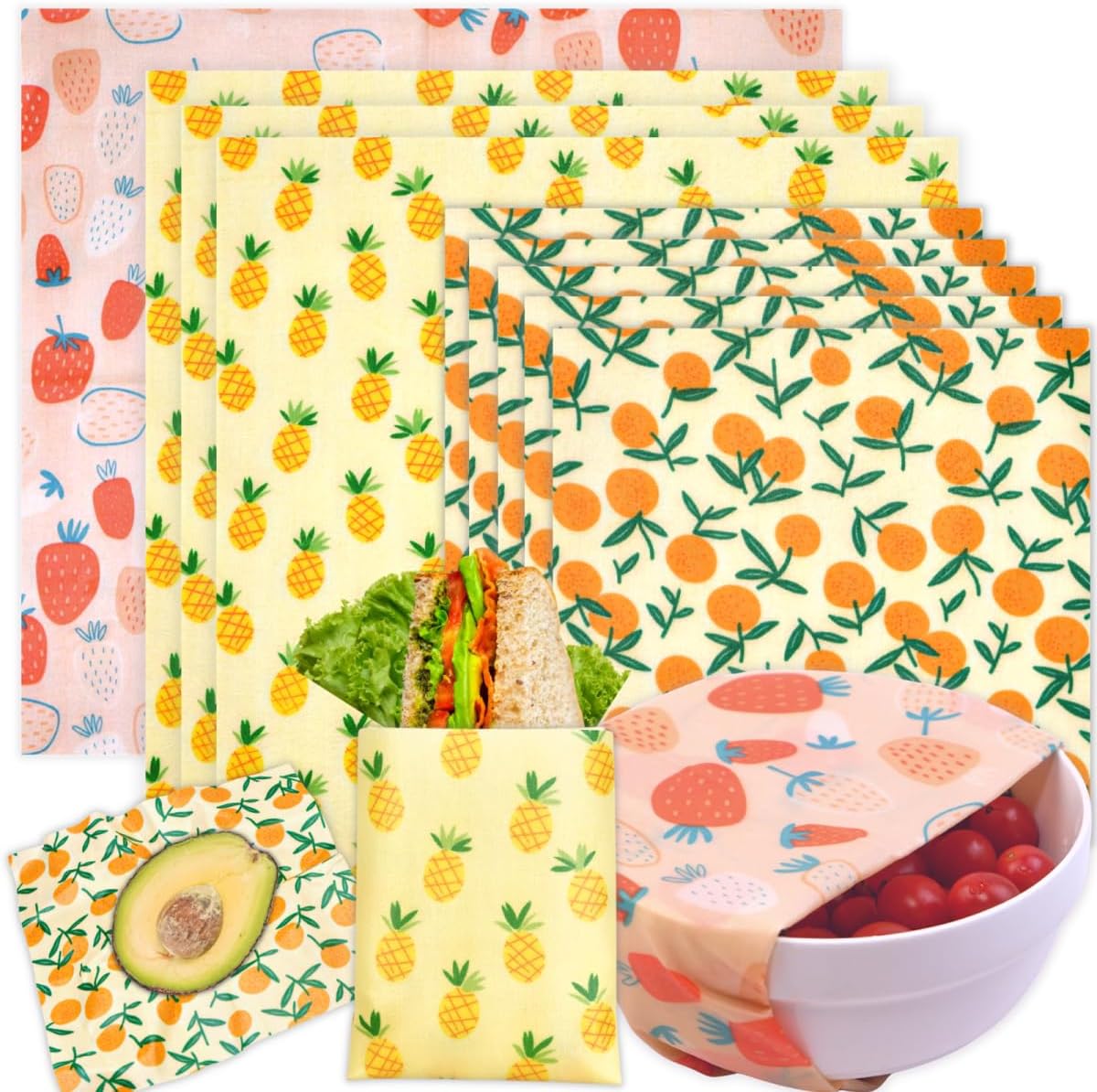 Reusable Beeswax Wrap - 9 Pack Beeswax Wraps for Food, Eco-Friendly Beeswax Food Wraps, Bread Sandwich Food Wrap - Organic, Sustainable, Zero Waste, Plastic-Free Food Storage, 1XL, 3M, 5S