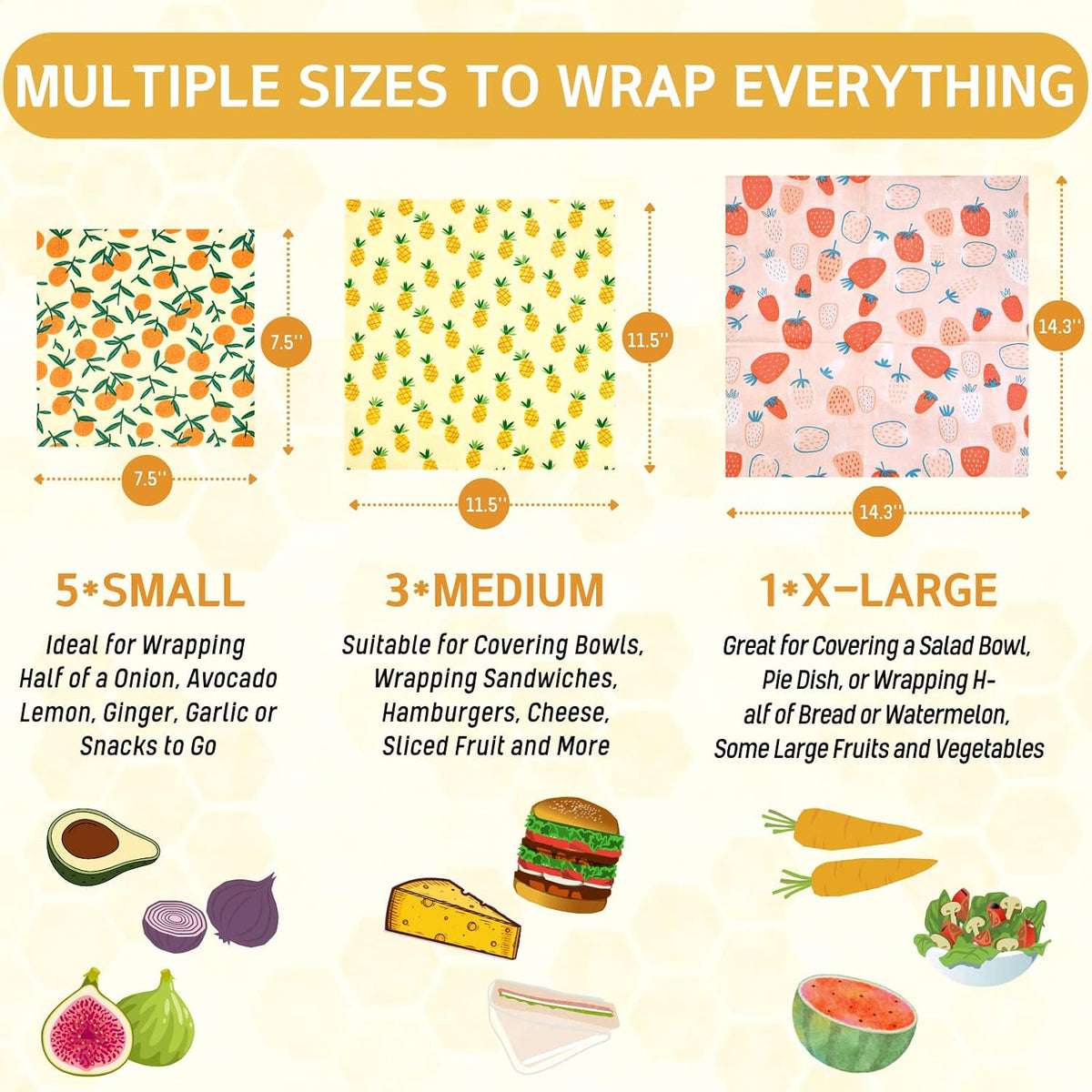Reusable Beeswax Wrap - 9 Pack Beeswax Wraps for Food, Eco-Friendly Beeswax Food Wraps, Bread Sandwich Food Wrap - Organic, Sustainable, Zero Waste, Plastic-Free Food Storage, 1XL, 3M, 5S