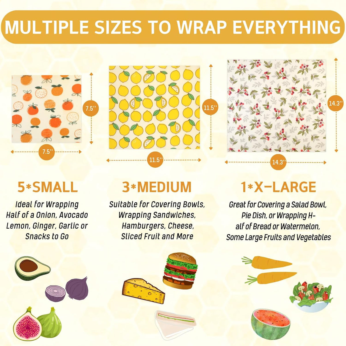 Reusable Beeswax Wrap - 9 Pack Beeswax Wraps for Food, Eco-Friendly Beeswax Food Wraps, Bread Sandwich Food Wrap - Organic, Sustainable, Zero Waste, Plastic-Free Food Storage, 1XL, 3M, 5S
