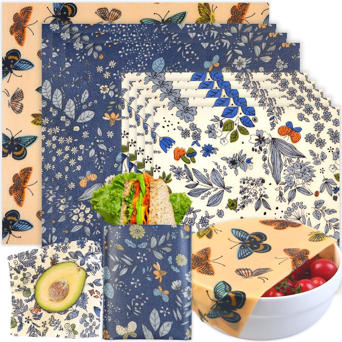 Reusable Beeswax Wrap - 9 Pack Beeswax Wraps for Food, Eco-Friendly Beeswax Food Wraps, Bread Sandwich Food Wrap - Organic, Sustainable, Zero Waste, Plastic-Free Food Storage, 1XL, 3M, 5S