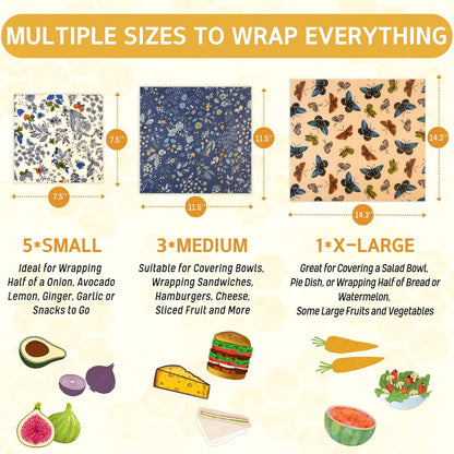 Reusable Beeswax Wrap - 9 Pack Beeswax Wraps for Food, Eco-Friendly Beeswax Food Wraps, Bread Sandwich Food Wrap - Organic, Sustainable, Zero Waste, Plastic-Free Food Storage, 1XL, 3M, 5S
