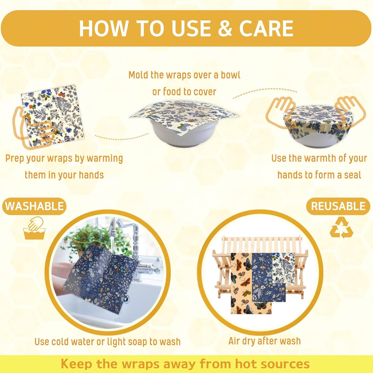 Reusable Beeswax Wrap - 9 Pack Beeswax Wraps for Food, Eco-Friendly Beeswax Food Wraps, Bread Sandwich Food Wrap - Organic, Sustainable, Zero Waste, Plastic-Free Food Storage, 1XL, 3M, 5S