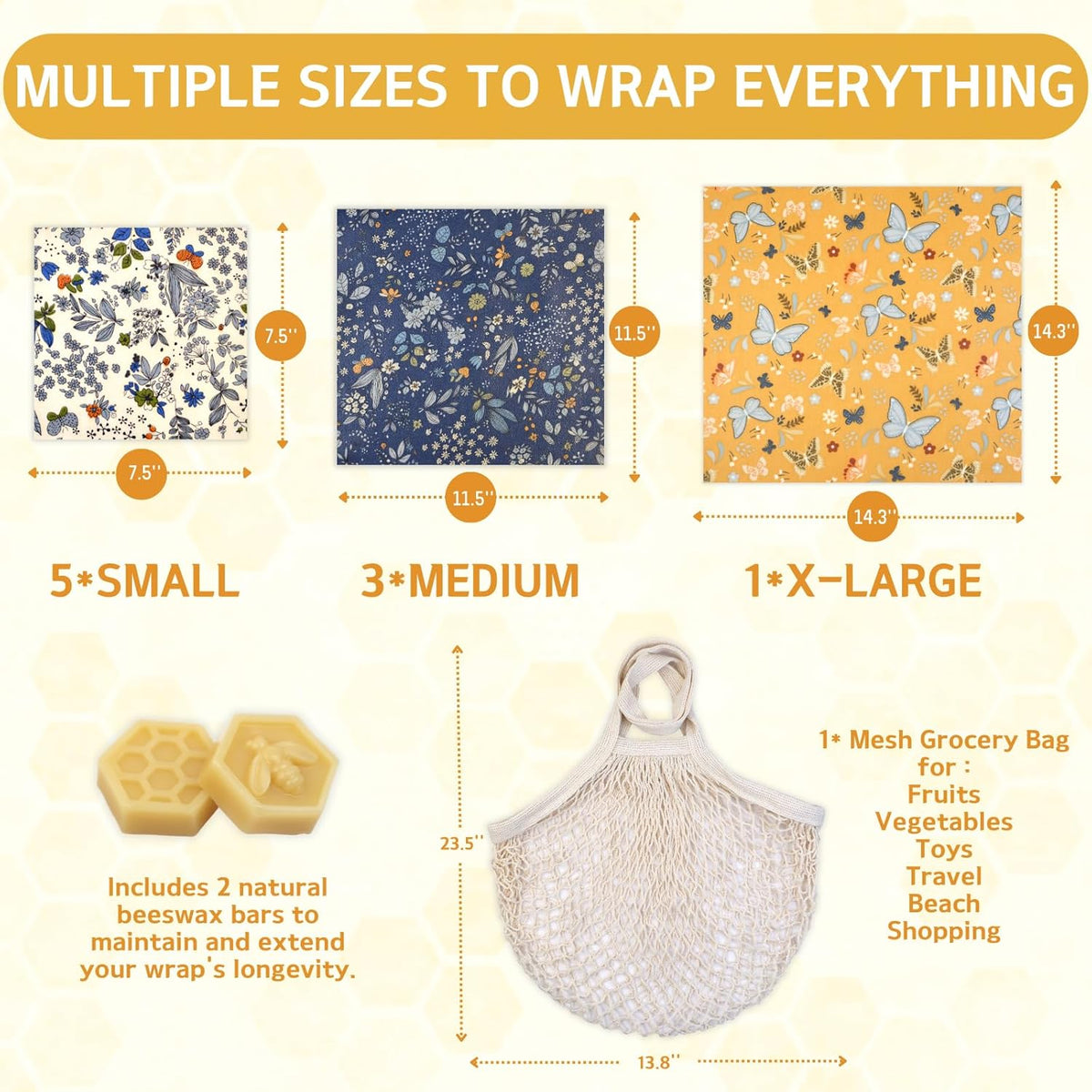 Reusable Beeswax Wrap - 9 Pack Beeswax Wraps for Food, Eco-Friendly Beeswax Food Wraps, Bread Sandwich Food Wrap - Organic, Sustainable, Zero Waste, Plastic-Free Food Storage, 1XL, 3M, 5S