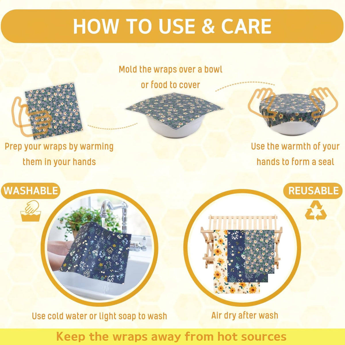 Reusable Beeswax Wrap - 9 Pack Beeswax Wraps for Food, Eco-Friendly Beeswax Food Wraps, Bread Sandwich Food Wrap - Organic, Sustainable, Zero Waste, Plastic-Free Food Storage, 1XL, 3M, 5S