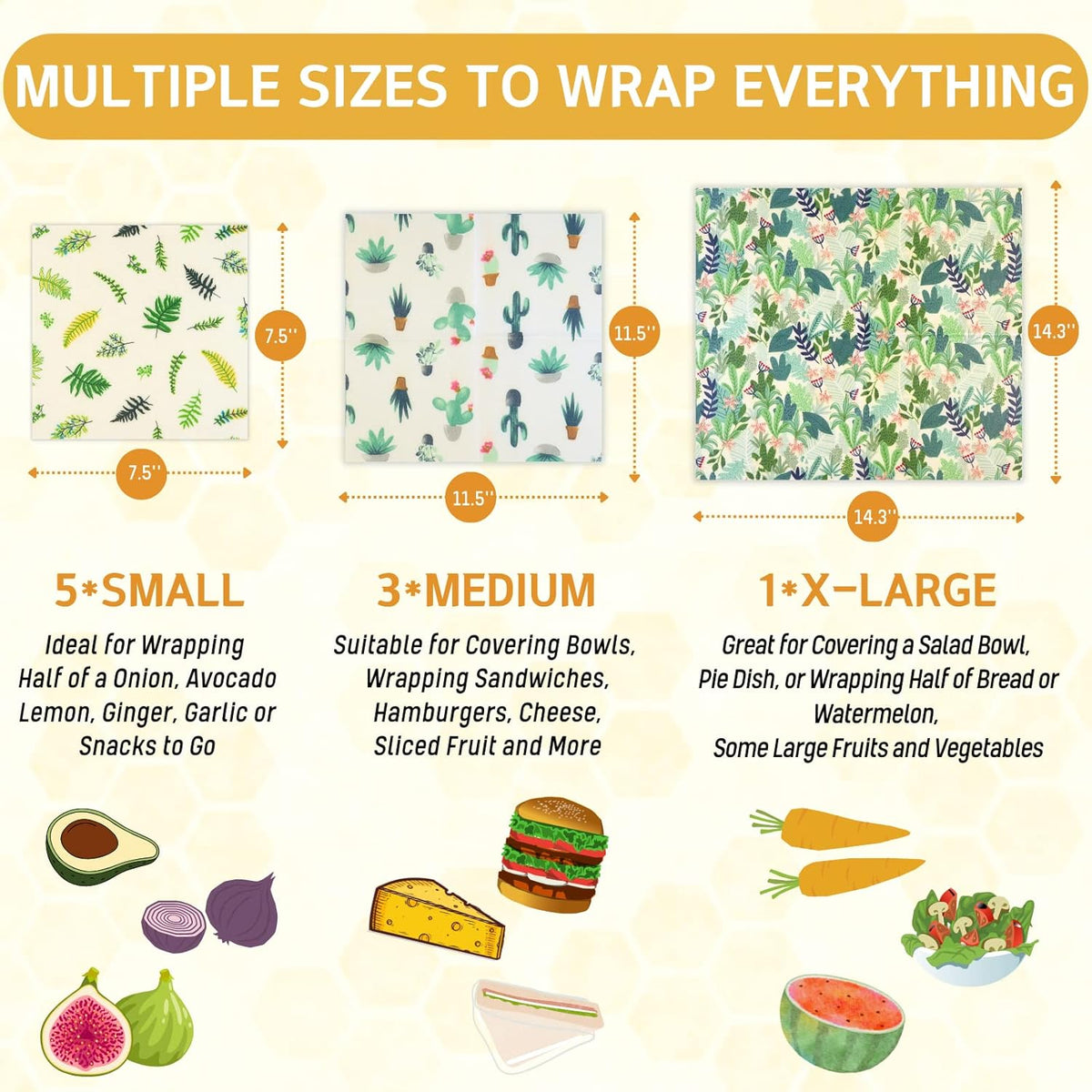 Reusable Beeswax Wrap - 9 Pack Beeswax Wraps for Food, Eco-Friendly Beeswax Food Wraps, Bread Sandwich Food Wrap - Organic, Sustainable, Zero Waste, Plastic-Free Food Storage, 1XL, 3M, 5S