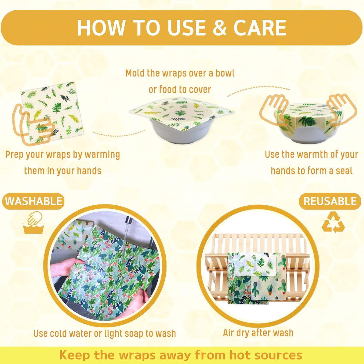 Reusable Beeswax Wrap - 9 Pack Beeswax Wraps for Food, Eco-Friendly Beeswax Food Wraps, Bread Sandwich Food Wrap - Organic, Sustainable, Zero Waste, Plastic-Free Food Storage, 1XL, 3M, 5S