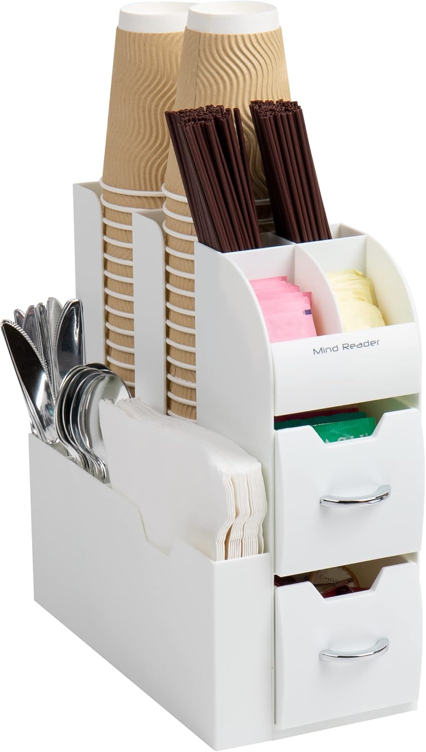 Cup and Condiment Station, Countertop Organizer, Coffee Bar, Kitchen, Stirrers, 5.375"L x 12"W x 11.25"H, White