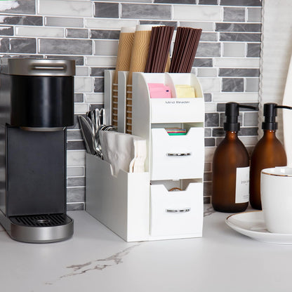 Cup and Condiment Station, Countertop Organizer, Coffee Bar, Kitchen, Stirrers, 5.375"L x 12"W x 11.25"H, White