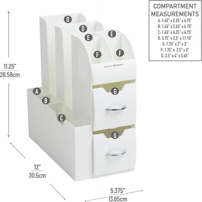 Cup and Condiment Station, Countertop Organizer, Coffee Bar, Kitchen, Stirrers, 5.375"L x 12"W x 11.25"H, White