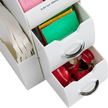 Cup and Condiment Station, Countertop Organizer, Coffee Bar, Kitchen, Stirrers, 5.375"L x 12"W x 11.25"H, White
